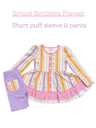 School Scribbles Playset- Short puff sleeved and pants **Pre-Order end of August**