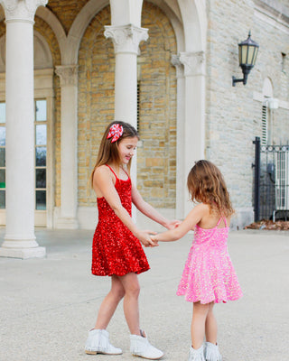 Red - Sparkle & Shine Scalloped Sequin Skort Dress **Pre-Order ETA Mid-End of April**