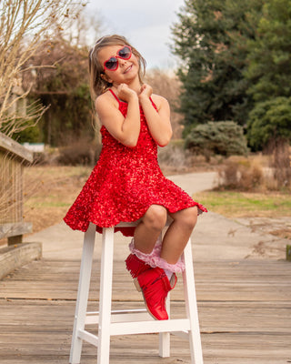 Red - Sparkle & Shine Scalloped Sequin Skort Dress **Pre-Order ETA Mid-End of April**
