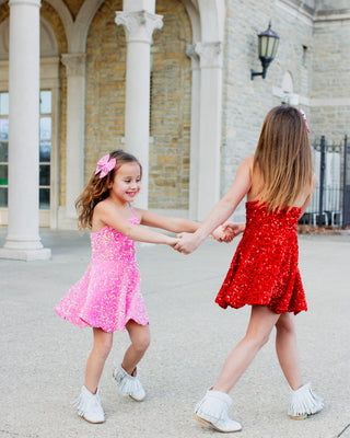 Red - Sparkle & Shine Scalloped Sequin Skort Dress **Pre-Order ETA Mid-End of April**