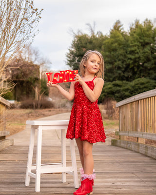 Red - Sparkle & Shine Scalloped Sequin Skort Dress **Pre-Order ETA Mid-End of April**