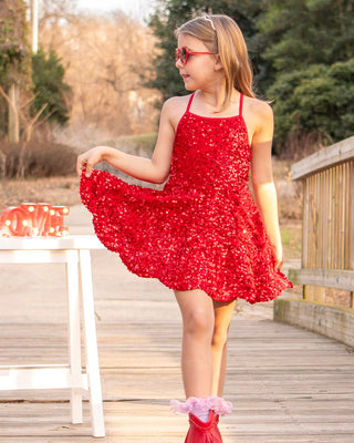 Red - Sparkle & Shine Scalloped Sequin Skort Dress