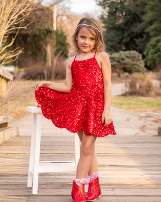 Red - Sparkle & Shine Scalloped Sequin Skort Dress **Pre-Order ETA Mid-End of April**