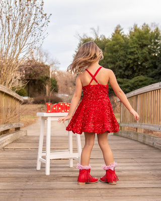 Red - Sparkle & Shine Scalloped Sequin Skort Dress **Pre-Order ETA Mid-End of April**