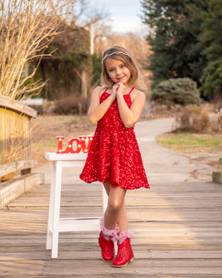 Red - Sparkle & Shine Scalloped Sequin Skort Dress **Pre-Order ETA Mid-End of April**