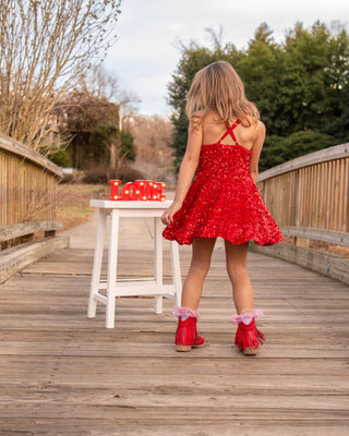 Red - Sparkle & Shine Scalloped Sequin Skort Dress **Pre-Order ETA Mid-End of April**