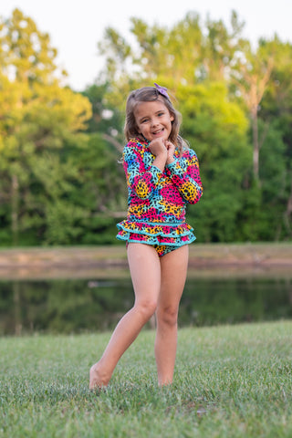 Neon Safari Splash 3 Piece Bikini and Rashi Swim Set **Pre-Order** In production ships Mid-End of May**